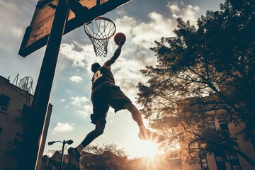 A street basketball player captured in mid-air as he attempts a powerful slam dunk during sunset, with a dramatic sky in the background
