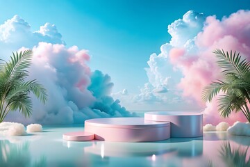 Exquisite Podium Pedestal with Pink and Blue Cloud Background. Podium. Stage. Pedestal. Photos. Images.