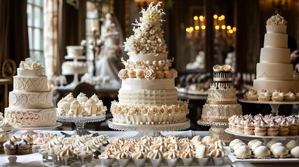 An intricately decorated wedding cake on a dessert table, surrounded by smaller cakes and sweet treats, ready for the cake-cutting ceremony.