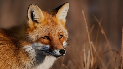 Obraz premium Alert, captivating portrait of a wild red fox, Vulpes vulpes, showcasing its striking fur and intense gaze