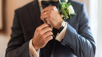 A close-up of a groom adjusting his cufflinks, with a boutonniere pinned to his suit jacket, preparing for the big moment.