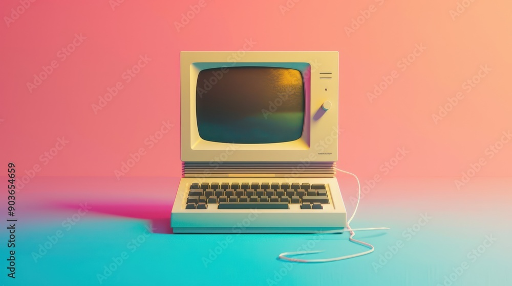 Aufkleber a retro computer advertisement with bold fonts and graphics
