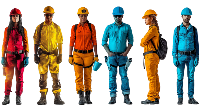 PNG, team of workers in uniform isolated on white background