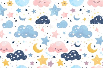 Seamless Pattern of Clouds, Stars, and Moons with White Background
