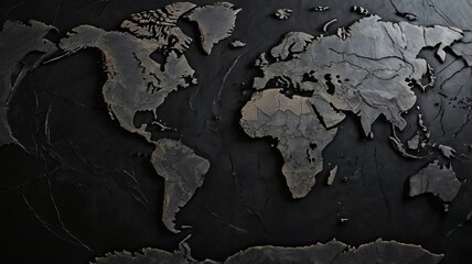 Black stone slab carved with world color map