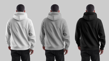 Mockup of a white, black, heather warm hoodie on a brutal man, male apparel presentation for design, branding, back view. Set.