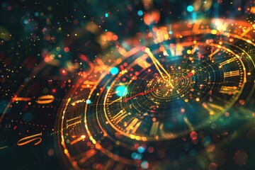 Enchanting dance of time represented through sparkling clockface and colorful lights
