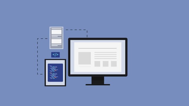 programming on tablet pc with screen, local host server, web development software application coding conceptual video animation.