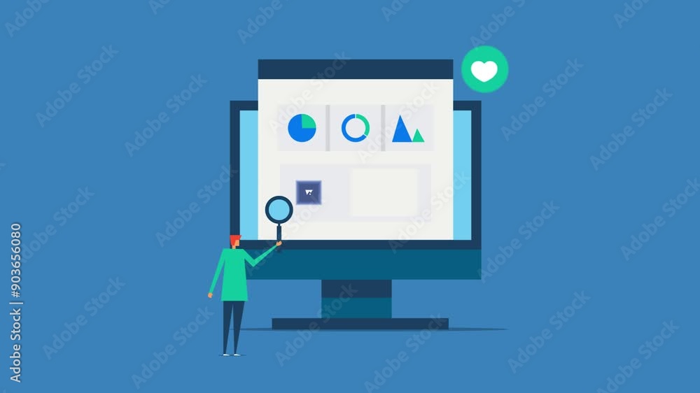 Poster businessman with magnifier, content marketing and social media performance data on dashboard screen,