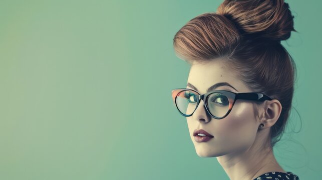 A woman with a beehive hairstyle and cat-eye glasses from the 1960s
