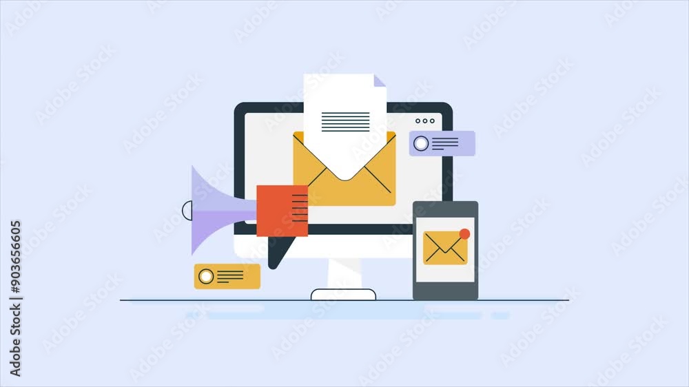 Poster newsletter promotion reaching customers and new audience with email message using digital devices, b