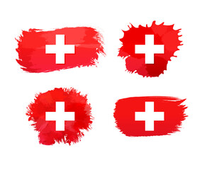 Obraz premium Set of isolated Swiss flag icons. Watercolor spots, brushing strokes design. Weekend tour symbol concept. Ink stain with flag of Switzerland background and clipping mask. Clip art collection. 