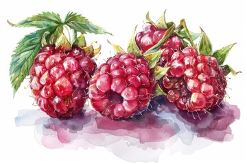 Illustration of vibrant red raspberries with lush green leaves on a soft background