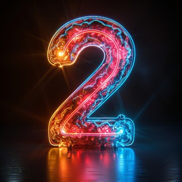 Number 2 neon sign number two on a dark background