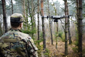 Naklejka premium Soldier is controlling a drone flying in the forest during a military operation