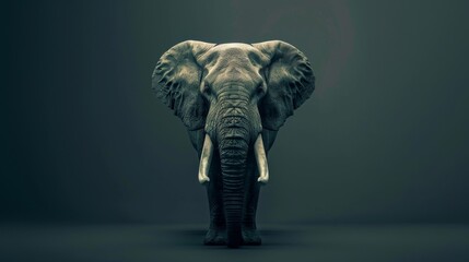 A majestic elephant stands facing the camera against a dark background. Its large ears and tusks are prominent, creating a powerful and imposing image.