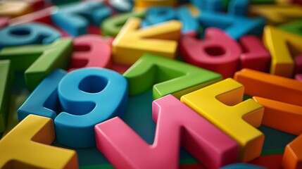 Fototapeta premium A vibrant collection of colorful plastic numbers and letters scattered across a surface.