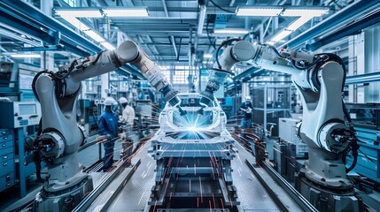 Skilled technicians guiding robotic welding arms in captivating choreography of precise movements on the expansive factory floor of a state of the art automotive manufacturing plant