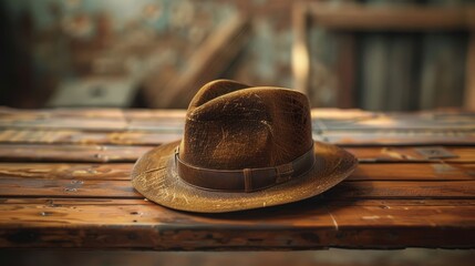 A worn, brown fedora hat rests on a weathered wooden surface. The hat has a leather band and shows signs of age and use.  The background is out of focus.