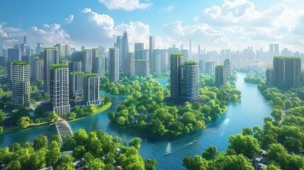 Fototapeta premium A vibrant cityscape showcasing modern architecture surrounded by lush greenery and a sparkling river under a blue sky.