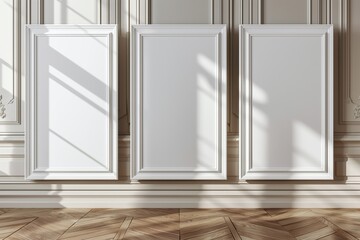 Three vertical, blank wooden framed wall art panels in a classic, elegant interior setting with sunlight casting shadows