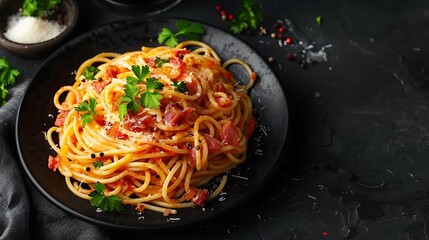 An inviting plate of spaghetti carbonara with creamy sauce and crispy pancetta, captured in a close-up on a dark surface. Soft lighting highlighting the golden pasta and crisp pancetta,
