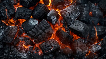 Burning charcoal for barbecue on black. Food background or texture, close-up, top view.