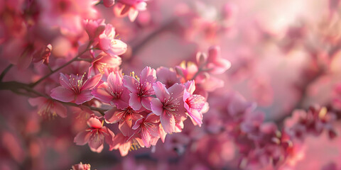 Obraz premium Pink blossoms in watering can at sunrise spring blooming flowers background 