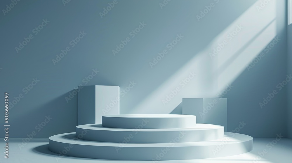 Aufkleber minimalist product display with three circular platforms and sunlight streaming through a window.