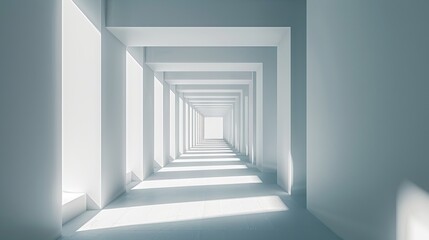 Minimalist white hallway with light at the end, creating an abstract and perspective-focused composition.