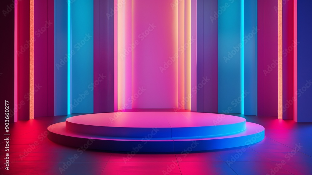 Poster neon lights illuminate a circular stage with two tiers, creating a vibrant and modern backdrop.