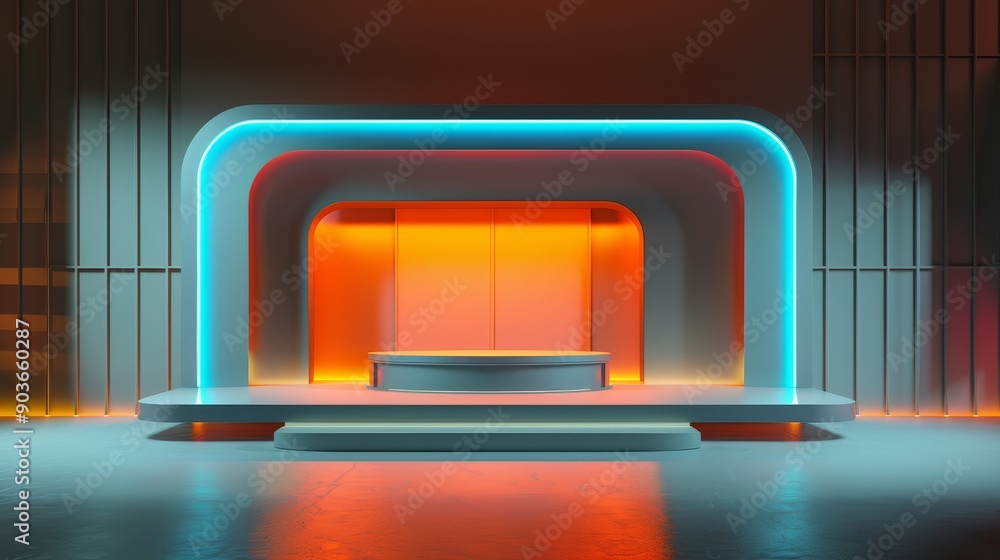 Poster neon lights illuminate a futuristic stage with a platform and a circular podium. the background feat