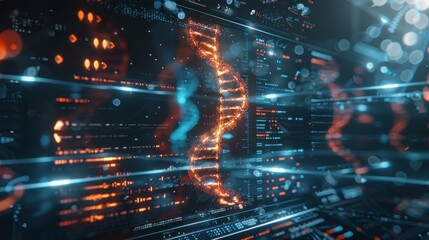 Fototapeta premium Futuristic Digital DNA Strand with Data Streams and Glowing Elements in a High-Tech Interface