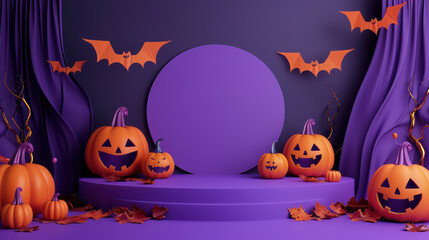 Halloween orange theme product display podium. Stage Showcase on pedestal orange with pumpkin for Advertising promo and discount. Happy halloween celebration holiday banner concepts