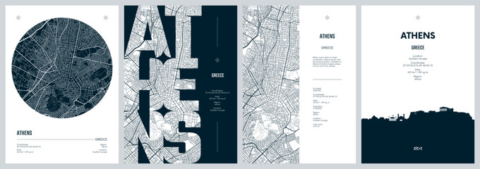Naklejka premium Set of travel posters with Athens, detailed urban street plan city map, Silhouette city skyline, vector artwork