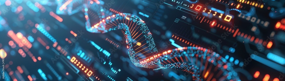 Wall mural futuristic digital dna strand with glowing data elements in a high-tech environment