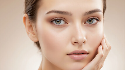 Obraz premium woman's face with beautiful, luminous skin. The soft, warm lighting highlights her flawless complexion
