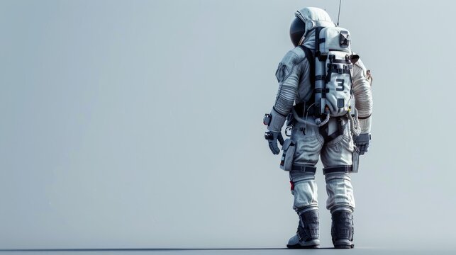 A lone astronaut in a white spacesuit stands against a blank background, facing away from the camera. The image evokes a sense of isolation and exploration.