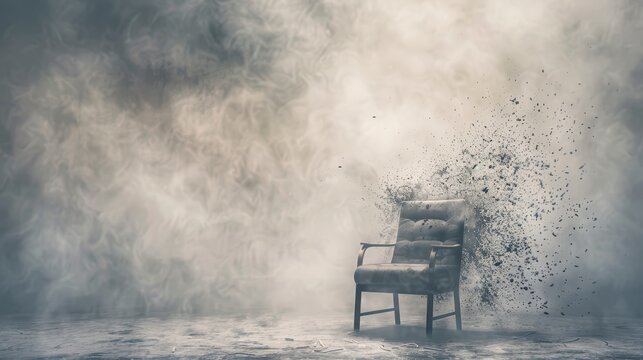A lone chair stands in a room filled with swirling dust and light, creating a sense of mystery and anticipation.