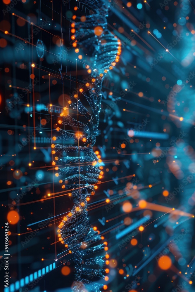 Wall mural futuristic digital dna strand with glowing particles and data connections in a high-tech environment