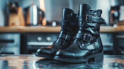 Sleek black motorcycle boots with buckles, placed on a shiny metal surface.
