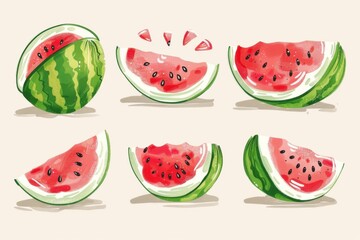 Delightful watermelon illustration set of different slices on light background
