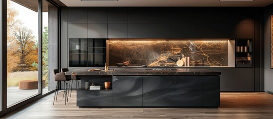 Modern Luxury Kitchen with Black Marble Countertops and Large Windows Overlooking Scenic Autumn Landscape