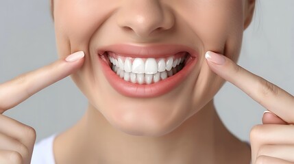 Fototapeta premium Close-up of woman smiling with bright white teeth and joyful expression for representation of happiness confidence and natural beauty in lifestyle concept.