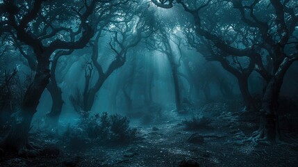 Sunbeams Breaking Through a Dense, Foggy Forest