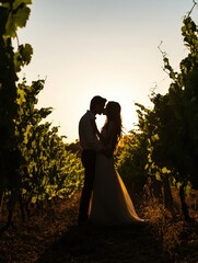 Love couple silhouette hugging and kissing each other in the golden hour time, countryside