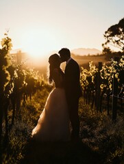 Love couple silhouette hugging and kissing each other in the golden hour time, countryside