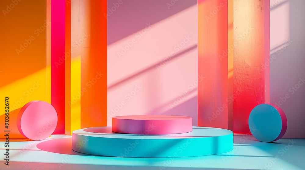 Poster abstract colorful geometric shapes with sunlight casting shadows on a white surface. perfect for pro
