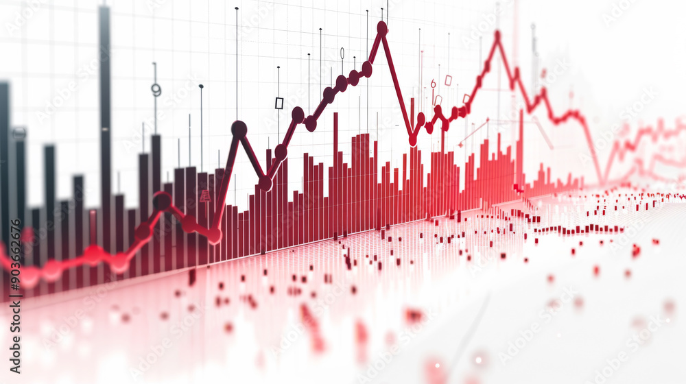 Aufkleber close-up of red downward sloping graphs on a line graph. diagram standing on a white background. bus