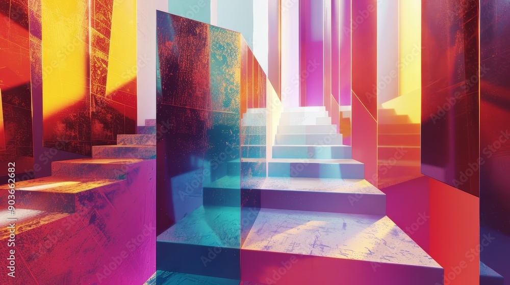 Poster abstract colorful geometric structure with bright light shining through. a futuristic staircase with